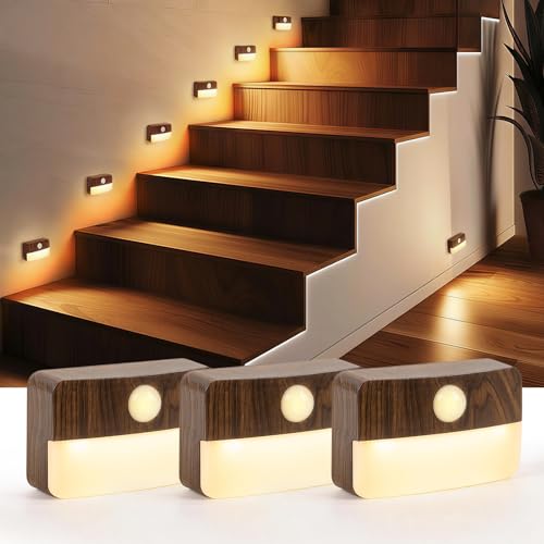 Guankai 3 Pack Motion Sensor Stair Light for Indoor, Battery Operated Night Lights, Stick on Anywhere Wireless Hallway Lamp, Portable Led Closet Lamps for Bedroom Under Cabinet Kitchen, Wood Grain - color: Wood Grain - Battery Powered, size: 3 Pack