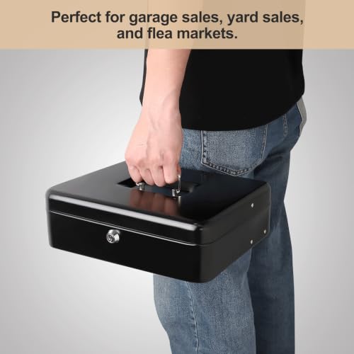 Cash Box with Money Tray and Key Lock,Safe Box for Cash Saving Key Lock Money Organizer,Cash Drawer, 11.8" x 9.5" x 3.5", K-Black - color: K-Black