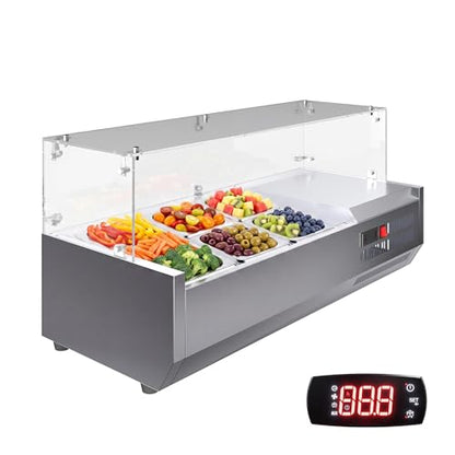 Refrigerated Condiment Prep Station, 130W Countertop Refrigerated Condiment Station, with One 1/3 & Four 1/6 Pans, 304 Stainless Body and PC Lid, Sandwich Prep Table with Glass Guard, ETL Certified - size: E40TW
