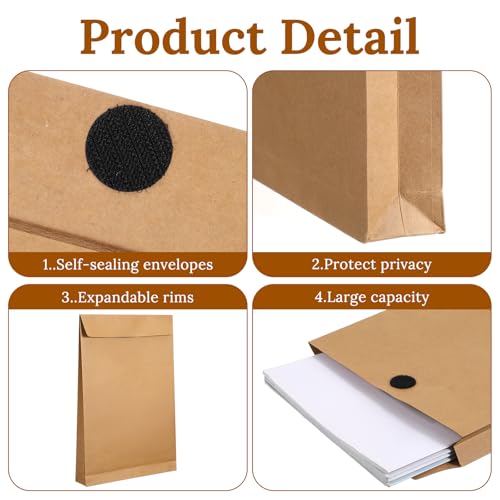 30 Pcs Expandable Large Envelopes, 9.3" x 13" Big Mailing Envelopes Hook-and-Loop Closure Anti Tear Catalog Envelopes Vanilla Envelopes for Business Office Paper Documents File Storage, Brown