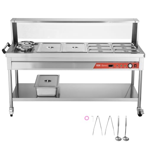 VEVOR Commercial Food Warmer, 8 Pans + 2 Pots Electric Steam Table, 1800W Professional Buffet Catering Food Warmer with Shield Undershelf Wheels, Stainless Steel Server for Party Restaurant - size: 8 Pans + 2 Pots