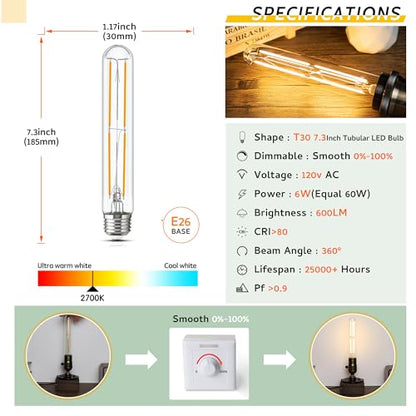 Tube Light Bulbs 7.3 Inch E26 T10 LED Bulb 6W,2700K Solf White 600LM - color: Warm White 2700k, size: 7.3 Inch-4 Count