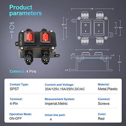 Waterproof On Off Toggle Switch Double Switch with Red Light Rocker Button Inline Cord Switch DPST AC/DC 20A-125V,16A-250V,30A-24V,35A-12V, IP66 4 Exit - color: Red/2 Switch/4 Outlet
