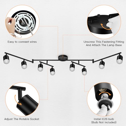 BoostArea LED 8 Light Track Lighting Kit, Black 8 Way Ceiling Spot Lighting, Flexibly Rotatable Light Head for Kitchen, Living Room, Bedroom, GU10 Bulb Not Included - color: 8 Light-Black