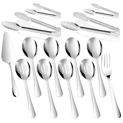 14PCS Serving Utensils - Hostess Serving Utensils Set, Premium Stainless Steel 8.7 inch Serving Utensils, Slotted Spoons, Fork, Tongs, Cake Pie Server for Buffet, Wedding, Dinner (Silver) - color: Silver