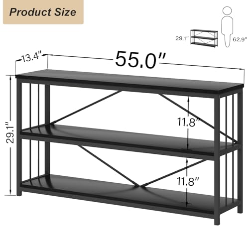 HSH Black Horizontal Bookcase, Metal and Wood Low Bookshelves with 3 Tier Shelf for Home Office, Modern Wooden Wide Open Etagere Bookcase with Storage for Bedroom Living Room, Black Oak, 55 Inch - color: Black Oak, size: 55 Inch