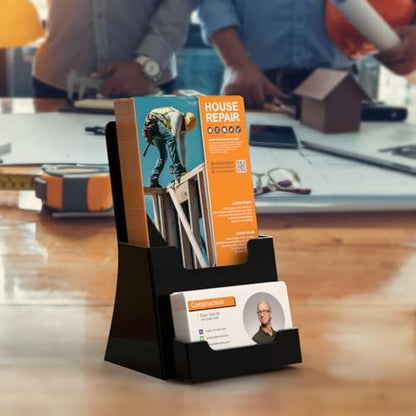 Marketing Holders 10 Pack Trifold Brochure Holder Countertop for 4.25" Rack Cards with Attached 3.5" x 2" Business Cards Black Acrylic Space Saving Multi Slot Display Stand - color: Black