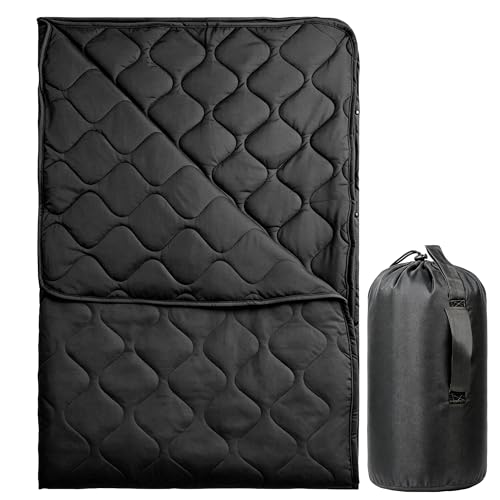 Lenotos Woobie Blanket, Thermal Insulated Military Poncho Liner, Water-Resistant, Portable, Insulation, for Hiking, Survival with Compression Carry Bag (Black) - color: Black