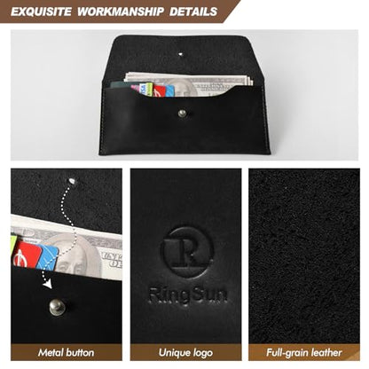 Ringsun Genuine Leather Cash Envelopes, Reusable Budget Envelope, Retro Clutch Wallet, Minimalist Wallet for Men & Women, Black - color: Black