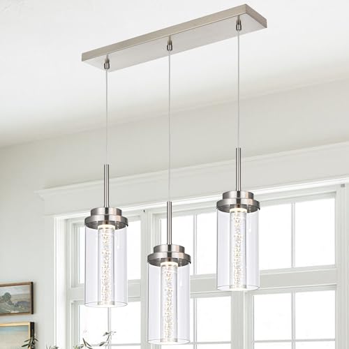 MELUCEE LED Linear Pendant Light Brushed Nickel 20.5IN with Clear Glass - color: Brushed Nickel, size: 3-Light-Rectangle