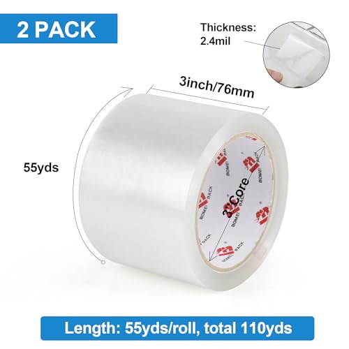 BOMEI PACK 3" Clear Wide Packing Tape 2 Rolls, Total 110Y - 3 inch x 55 Yards, 2.4 mil Thick, Heavy Duty 3 Inch Wide Packaging Tape for Shipping, Mailing, Moving & Storage