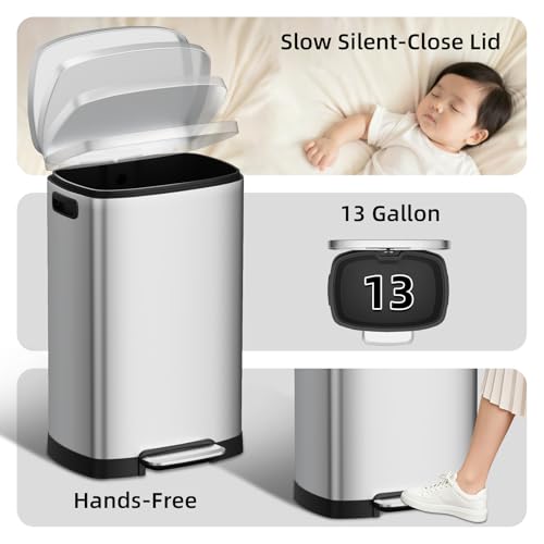 13 Gallon Stainless Steel Kitchen Trash Can, 50L, Rectangular, Soft-Close Lid, Fingerproof Finish, Hands-Free Operation, Odor Protection,Silver - color: Matte Silver