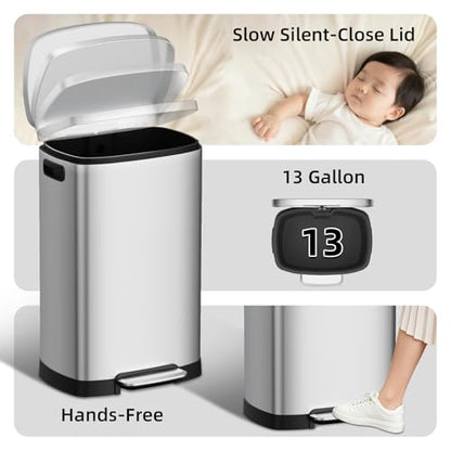 13 Gallon Stainless Steel Kitchen Trash Can, 50L, Rectangular, Soft-Close Lid, Fingerproof Finish, Hands-Free Operation, Odor Protection,Silver - color: Matte Silver