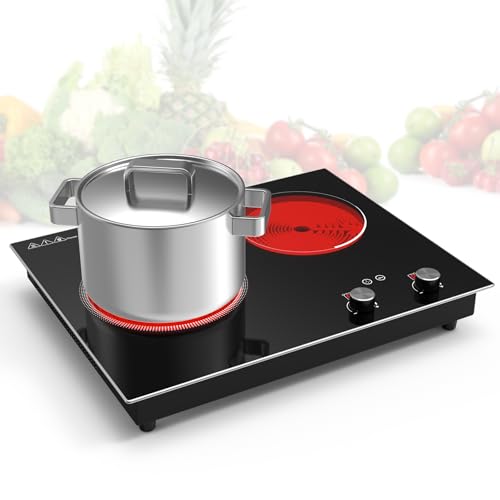 VBGK Electric Cooktop,2100W Built-in & Countertop 2 Burner Electric Cooktop,Electric Stove Top with10 Heating Level, Timer & Kid Safety Lock, LED Knob Touch Control Electric Burner with Plug - size: Double Burner Electric Cooktop