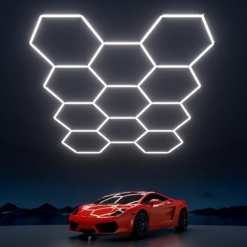 Hexagon Garage Lights: 322W 11 Grids Hexagon LED Lights - Easy Install 6500K Super Bright Honeycomb Lights Ceiling for Garage, Warehouse, Car Detailing Shop, Exhibition Hall, Gym - size: 11 Hex