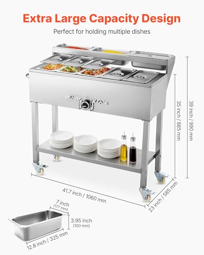 VEVOR Commercial Propane Steam Table, 5 Food Pans & 3 Condiment Pans, LP Gas Outdoor Soup Warmer with Drain Valve and 3" Wheels, Stainless Steel Propane Food Warmer with Adjustable Temp for Outdoor - size: 5×1/3 Pan;40QT
