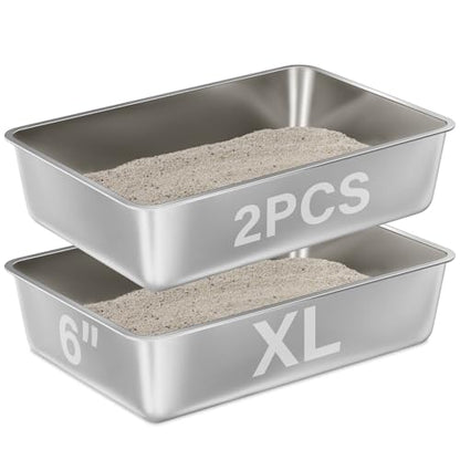 Stainless Steel Litter Box 2 Pack,XL Metal Litter Box for Big Cats - color: 2pcs - 23.6" L x 15.7" W x 6" H