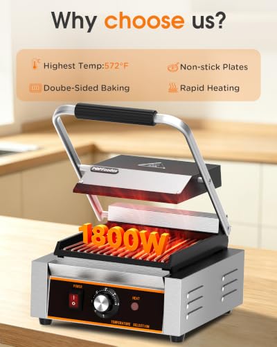 Commercial Panini Press - 1800W Electric Panini Sandwich Grill w/Nonstick Coating & Adjustable Temp, Stainless Steel, Panini Grill Press w/9"x9" Cooking Pan (Full Flat), Double-sided Heating - style: 9"x9" Smooth Plates