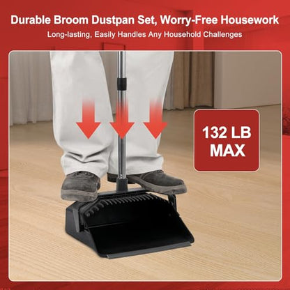 Tiumso Commercial Broom and Dustpan Set, 3-Pack Broom with Dustpan Combo Set, Industrial Brooms and Dustpans Sets 51 inch Long Handle, Large Brooms and Dust Pan for Hall Lobby Office Garage - Black - color: Total Black