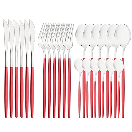 Mirror Cutlery Serving Set, 24-piece 18/0 Stainless Steel Silverware With Red Handle Simple & Modern Tableware For Home Party Restaurant Christmas Dinner, Service For 6 (Red Silver) - color: Red silver