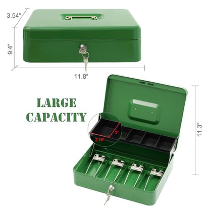 Cash Box with Lock Key and Money Tray, Large Money Box for Cash Register - color: Green