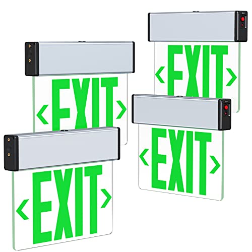Green LED Edge Lit Exit Sign Brushed Aluminum Housing, UL Listed Emergency Exit Signs Single Sided Clear Acrylic with Battery Backup, AC 120-347V Hardwired Exit Lights, Top/Side/Wall Mount (4 Pack) - color: Single Sided Green, size: 4 Pack