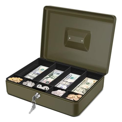 Flexzion Small Cash Box with Money Tray and Lock, 11.4-Inch, Green - color: Green