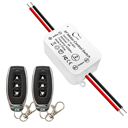 DieseRC Wireless DC Motor Remote Control Switch, DC 12V~80V 5A Relay Receiver Controller with 2 Transmitters, Radio Control Motor Move Forward and Reverse