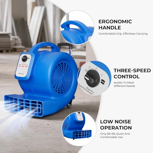 Air Mover Blower Fan, 1/2 HP Floor Dryer, 1800 CFM 3 Speed Adjustable Wide Angle Airflow, Swivel Wheels Telescopic Handle 7ft Cord, Carpet Floor Commercial Use