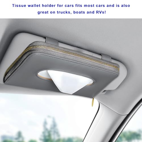 Car Tissue Holder, PU Leather Auto Sun Visor Tissue Case Napkin Holder with Zipper, Rectangular Mask Dispenser Hanging Paper Towel Organizer for Cars SUVs Trucks RVs (Gray) - color: Gray