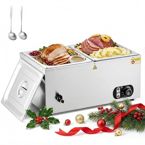 WILPREP Commercial Food Warmer with Two 1/2 Pans, 1500W Countertop Electric Steam Table, 86-185°F Adjustable Temp Control & Over-Temp Protection, Stainless Steel Buffet Bain Marie - size: 1/2 pan*2
