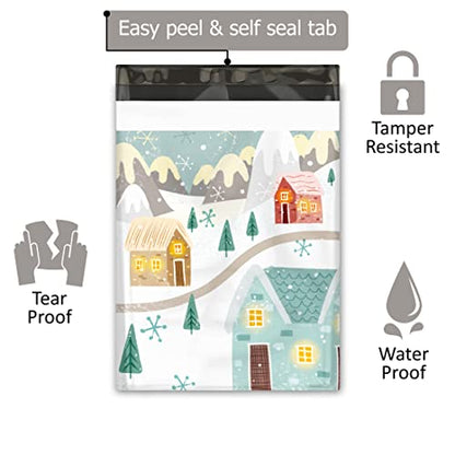 10x13 (100) Winter Village Christmas Designer Poly Mailers Self Sealing Waterproof Shipping Envelopes Holiday Premium Printed Bags For Small Businesses - color: Winter Village, size: 10x13