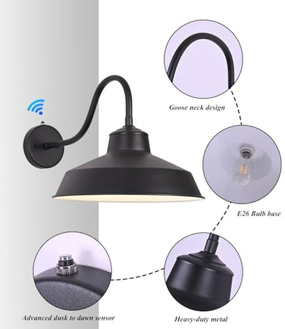 Dusk Till Dawn Gooseneck Wall Lights Black Outdoor Barn Wall Sconce Farmhouse Wall Mount Lights Black on The Outside, White on The Inside lampshade for Porch Entryway Garage 14in - size: 14 in