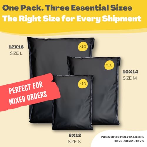 Shipping Bags (30 Pack) - 8x12, 10x14 & 12x16 - Poly Mailers for Clothes - Self-Seal Plastic Mailing Envelopes - Tear & Water-Resistant Packaging Bags for Clothing - Not Padded - color: Black, size: 3 Sizes 8x12 10x14 & 12x16 [NO label pouch]