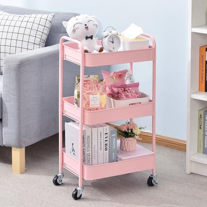 TOOLF 3 Tier Metal Rolling Cart, Utility Storage Cart with Wheels, Pink - color: Pink, size: 3-Tier