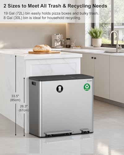 Dual Trash and Recycling Bins for Kitchen, 19+8 Gallon (72+30L) Stainless Steel Trash and Recycle Bin Combo with Soft-Close Lid, Large Garbage Cans for Kitchen Home with 2 Magnets Sticker, Silver - color: Silver