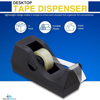 1InTheOffice Desk Tape Dispenser, Black Non-Skid Base Desktop Tape Dispenser Weighted (2 Pack)