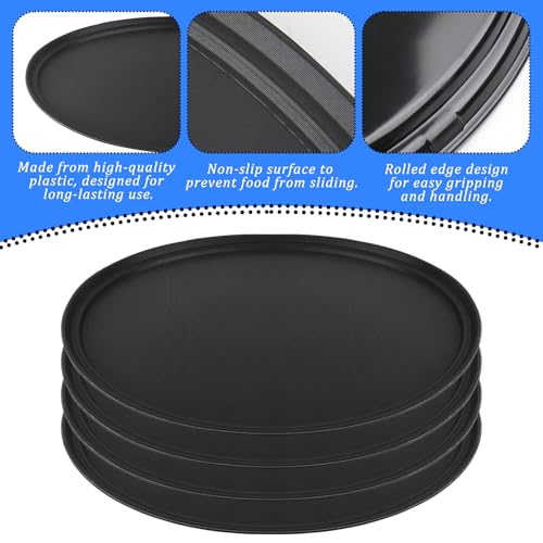 4Pcs 24 Inch x 29 Inch Large Restaurant Serving Trays, Black PP Plastic Non Slip Tray,Oval Plastic Food Serving Tray with Raised Edges for Home Kitchen Restaurant Cafeterias Fast Food Service
