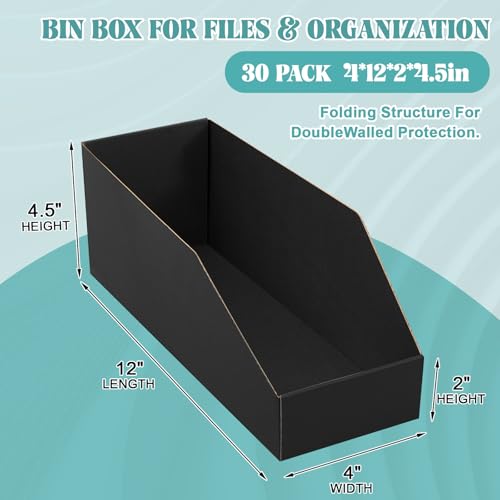 Fuyoooo 30 Pack 12 x 4 x 4. 5 Inches Cardboard Storage Bins Open Top Bin Boxes Black Corrugated Shelf Organizer Bins for Pantry, Parts, Garage, Snacks, Bottles, Cans or Warehouse Home Cubby - size: 12 x 4 x 4. 5 Inches