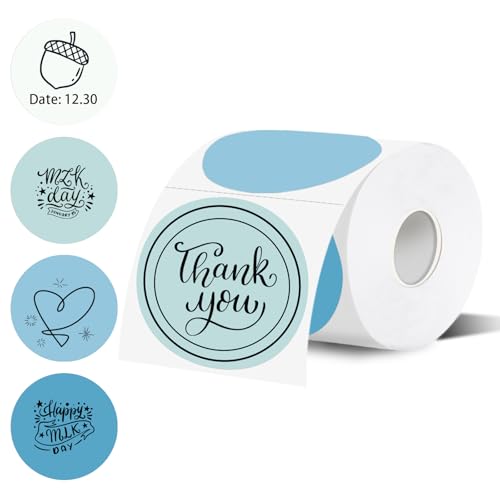 3 Inch Thermal Label,Blue Round Thermal Printer Label,Waterproof Thermal Stickers for DIY Logo Design,Name Tag,Thanks Card 300 Labels/Roll - color: Blue and White, size: 3 inch