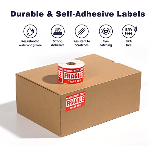 Fragile Stickers for Shipping Moving Boxes 2000 Fragile Labels 2 x 3 Inch Fragile Tape for Shipping Handle with Care Sticker-4 Rolls, Red - size: 3" x 2", style: 4 Rolls - 2000 PCS