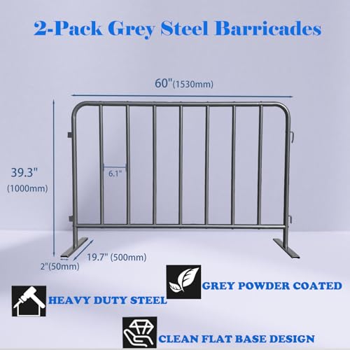 2-Pack Steel Crowd Control Barrier, Light Duty 5FT Interlocking Safety Barricade, 16GA Galvanized Steel Queue Barrier, Assembly Needed for Pedestrian Traffic & Construction Barricade (Grey)