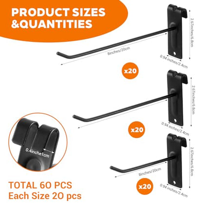 4/6/8 Inch Gridwall Hooks, 60 Pack Heavy Duty Black Grid Wall Hook Display Hooks for Gridwall Panels, 20 Lbs Load Grid Wall Accessory for Retail Store Display Home Storage Garage