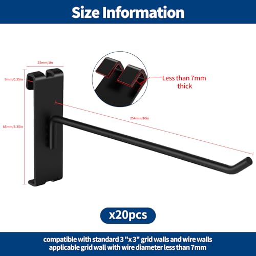 20Pcs Gridwall Hooks, Metal Grid Panel Hanging Peg Hooks, Grid Wall Accessory for Clothes Storage, Home Organization, Retail Display (Black, 10"/25Cm) - color: Black, size: 10"/25Cm