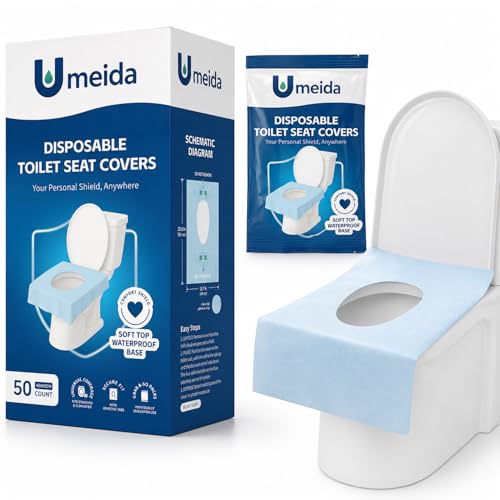 50 Count Disposable Toilet Seat Covers with Secure Adhesive Tabs for a Non-Slip Fit - XL Extra Large, Waterproof, Individually Wrapped for Travel, Kids, Adults, and Public Restrooms