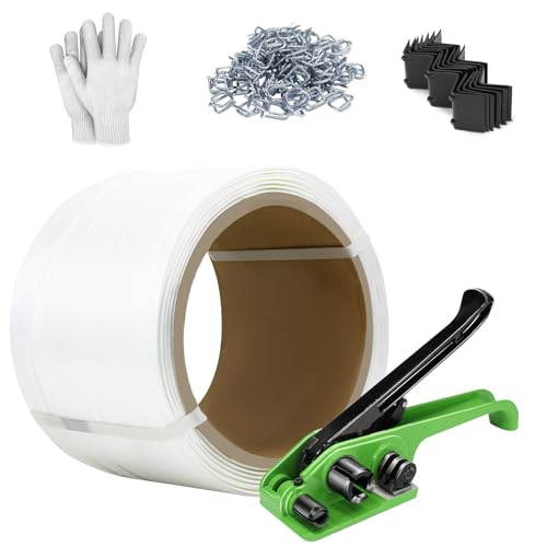 Heavy Duty Banding Strapping kit Contain 3/4"x 330' Composite Cord Packaging Straps & 100 Metal Wire Buckles 50 Plastic Edge Protectors Tensioner with Cutter Tool Glove - size: Composite Cord kit