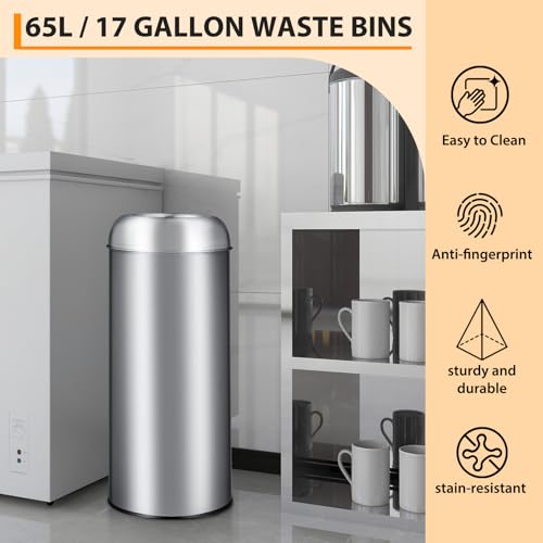GarveeLife Tall Commercial Trash Can, 65L/17 Gallon, Large Capacity Heavy Duty Stainless Steel Open Top Trash Bin with Sleek Hidden Bag Holder for Restaurant, Office, and Restroom