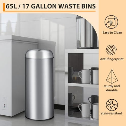 GarveeLife Tall Commercial Trash Can, 65L/17 Gallon, Large Capacity Heavy Duty Stainless Steel Open Top Trash Bin with Sleek Hidden Bag Holder for Restaurant, Office, and Restroom