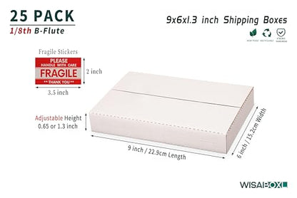 9x6x1.3 inch Shipping Boxes with Fragile Stickers, White, 25-Pack - color: White