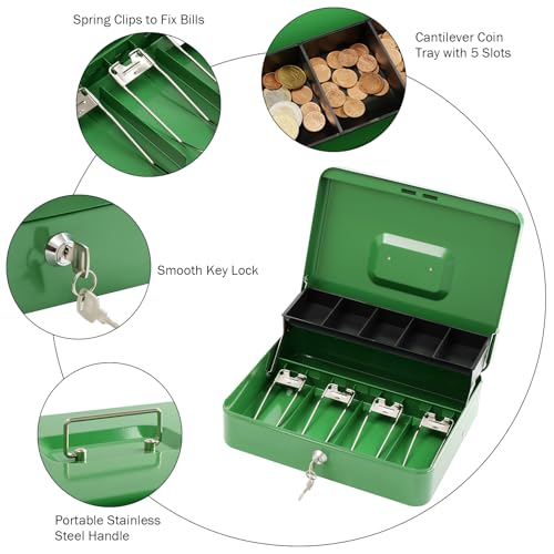 Cash Box with Money Tray and Lock, Metal Money Box for Cash Register 4 Keys - color: Green